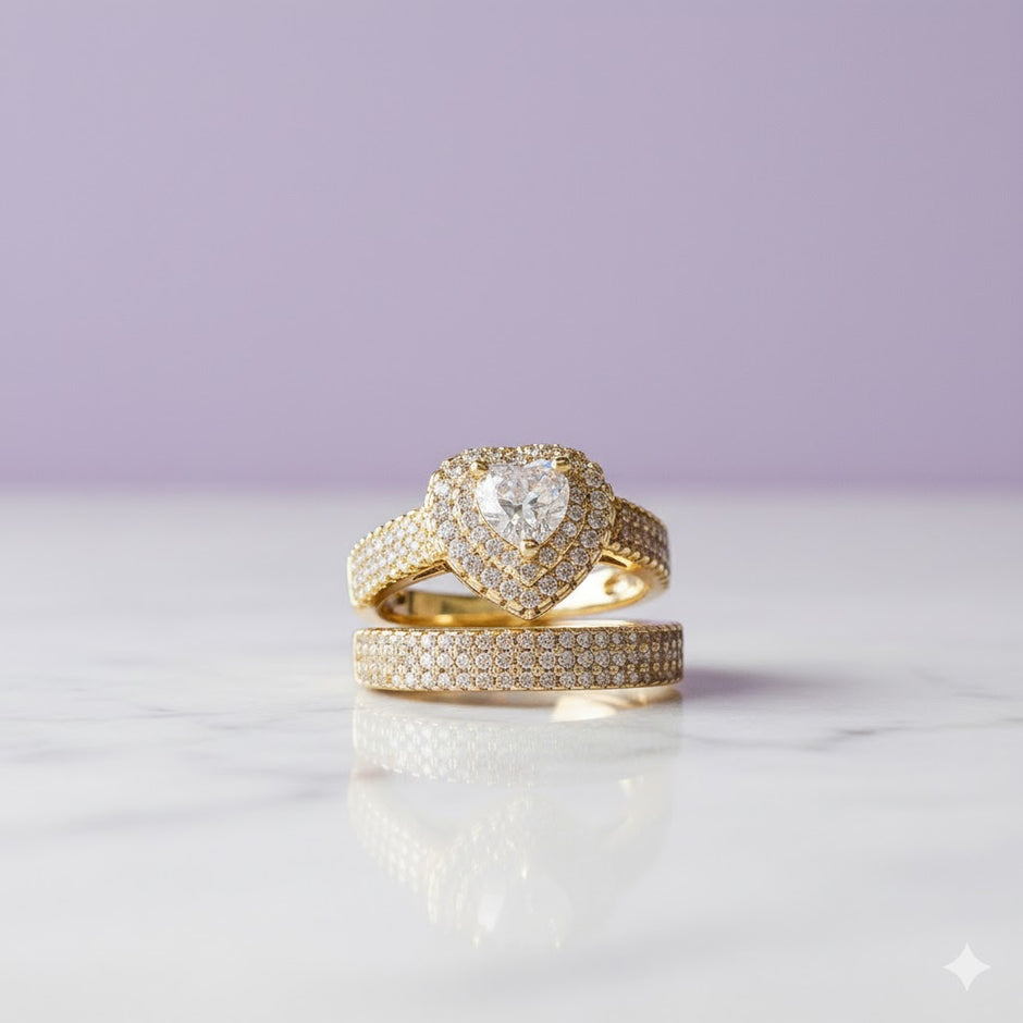 "AMOREA" Bague forme coeur blanc + alliance pierre en acier inoxydable doré