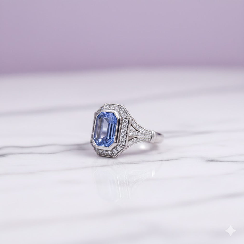 "AURORA" Bague forme emeraude bleu et strass argenté