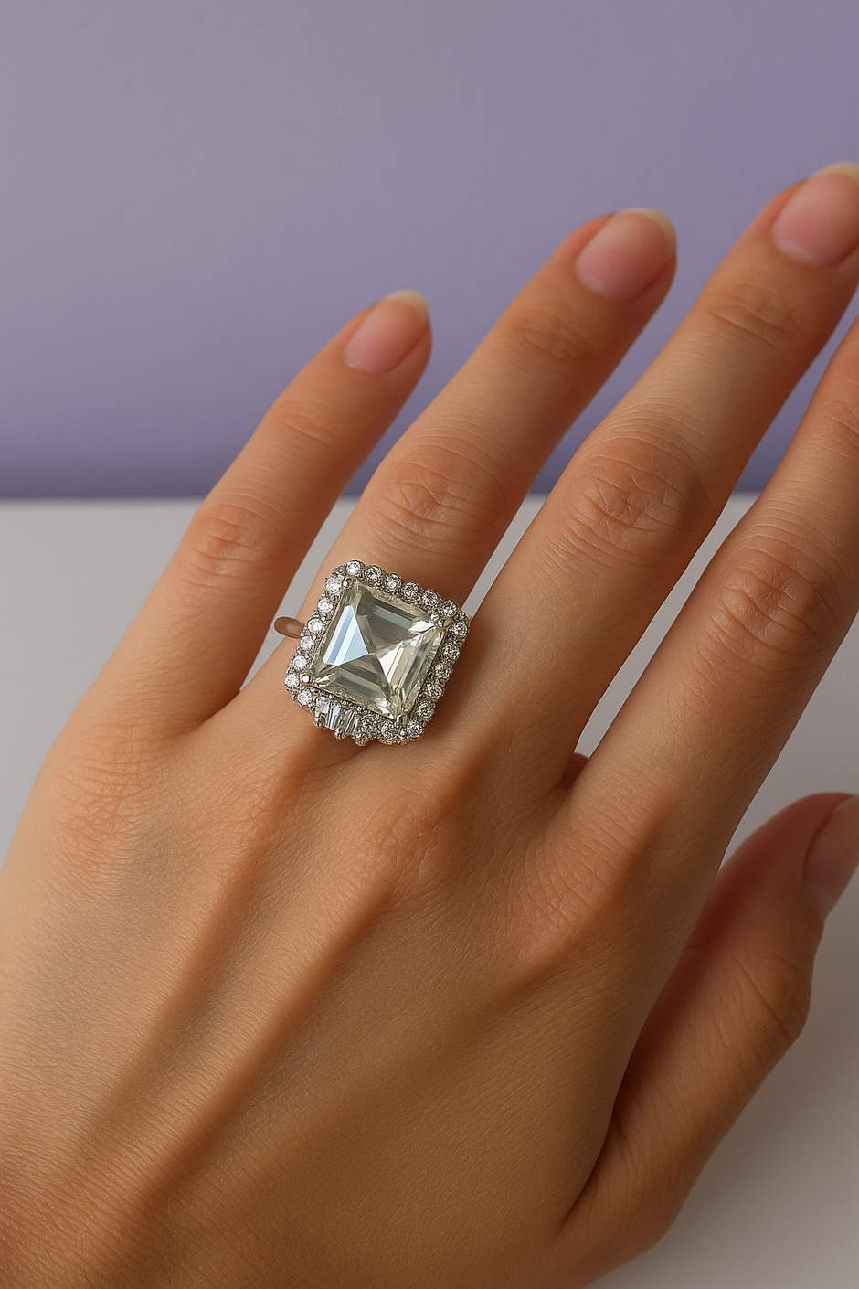 ABSINTHE Bague ajustable de prasiolite en argent 925 sertie de zircons