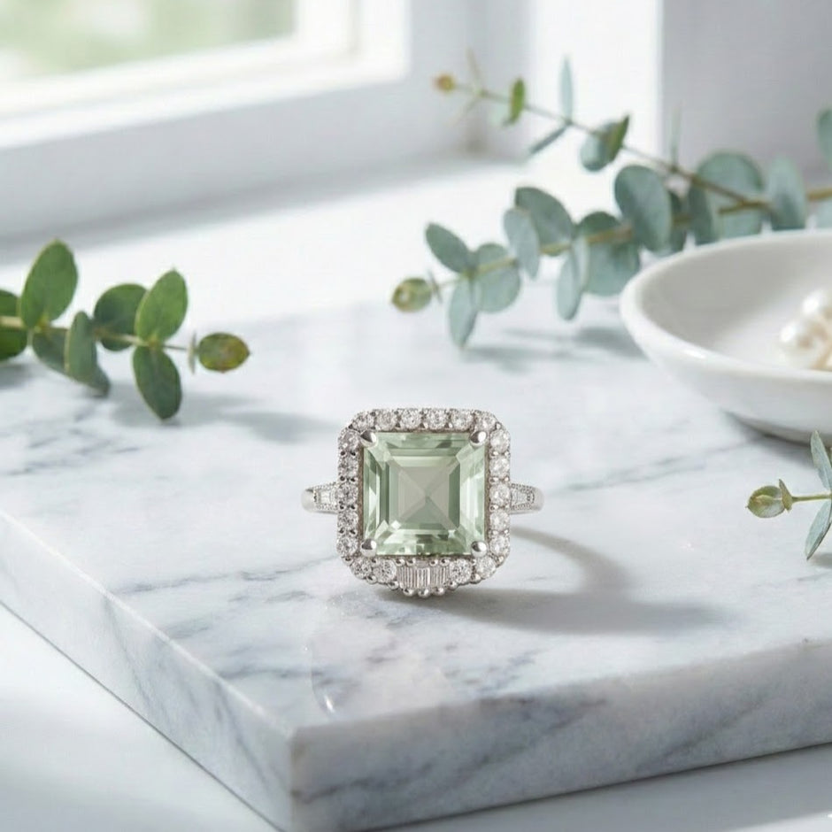 ABSINTHE Bague ajustable de prasiolite en argent 925 sertie de zircons