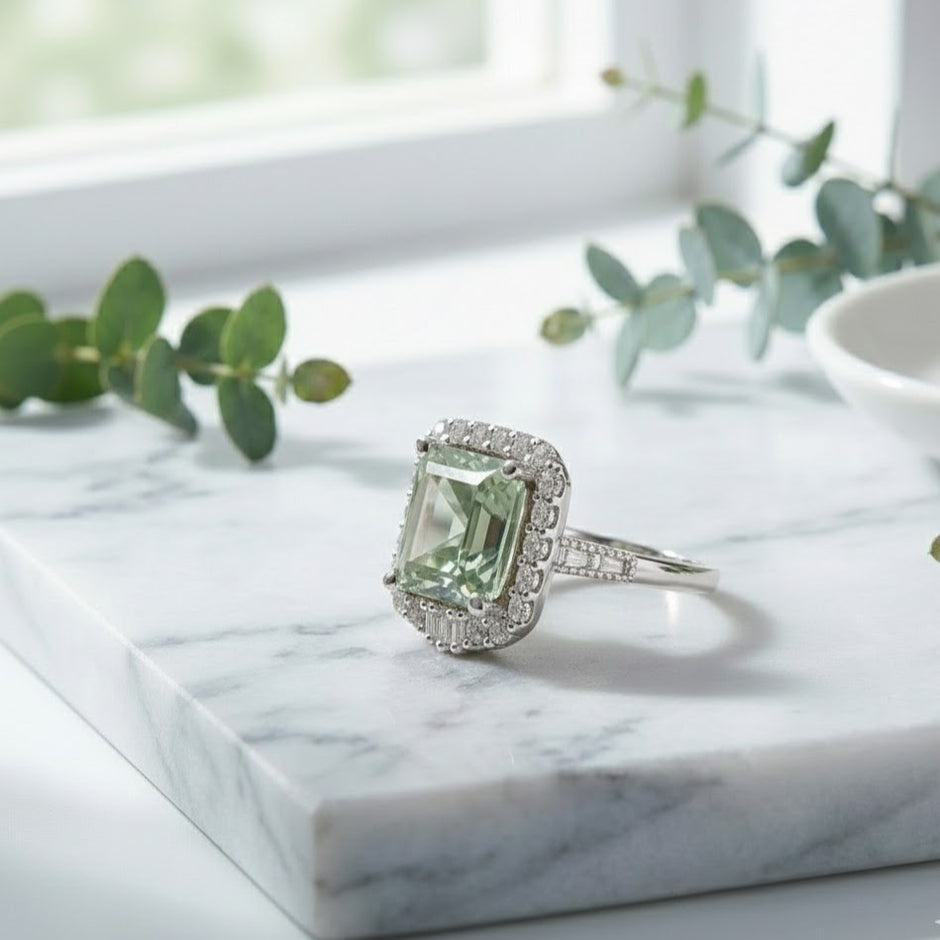 ABSINTHE Bague ajustable de prasiolite en argent 925 sertie de zircons