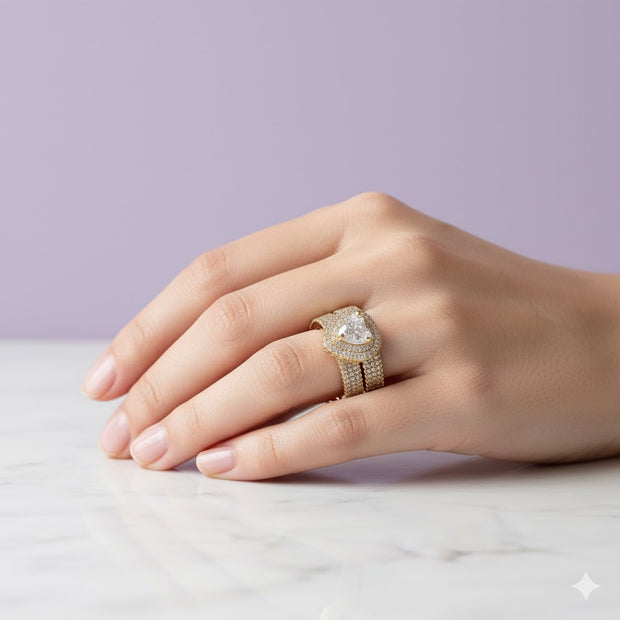 "AMOREA" Bague forme coeur blanc + alliance pierre en acier inoxydable doré