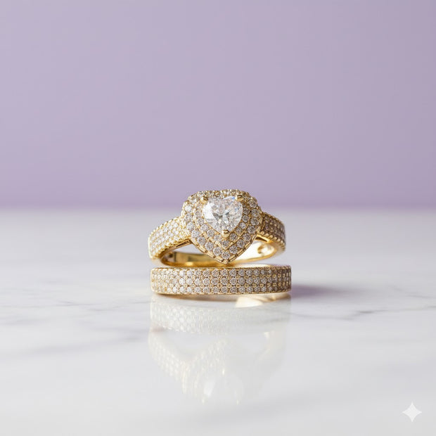 "AMOREA" Bague ajustable forme coeur blanc + alliance pierre en acier inoxydable doré