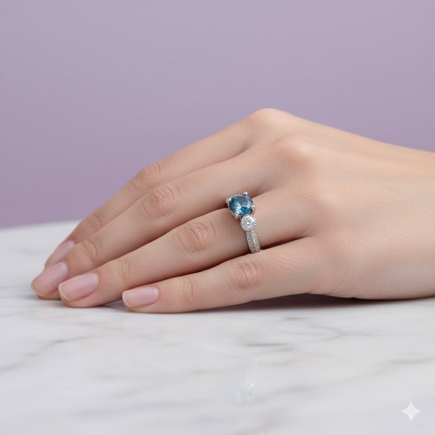 "AQUARA" Bague ronde brillante turquoise acier inoxydable argenté