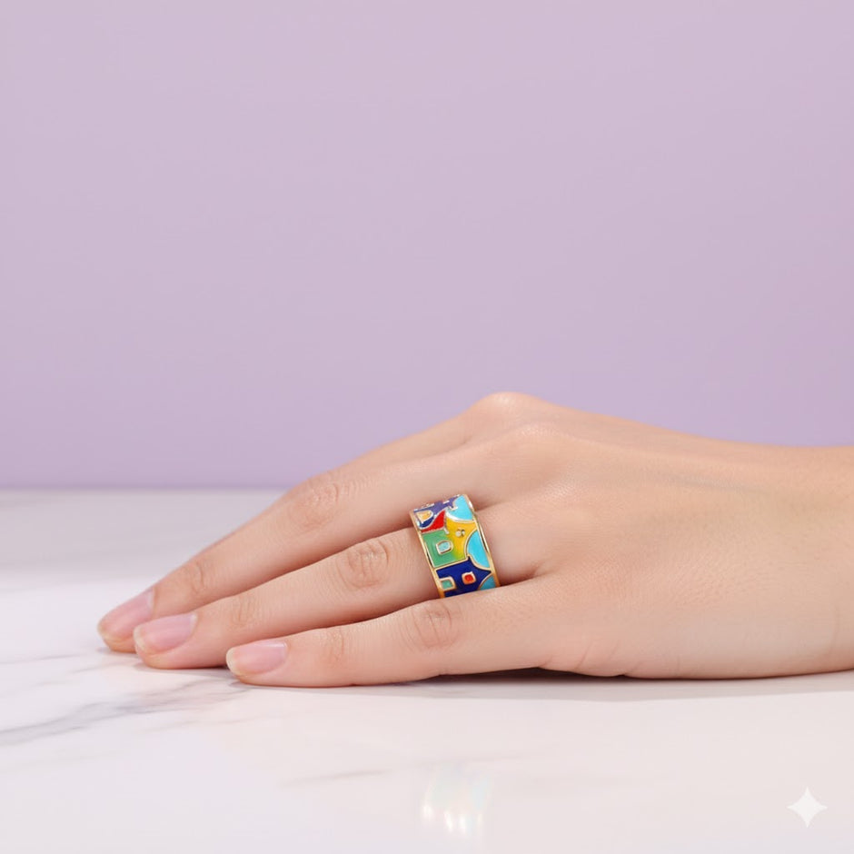 "ARIA" Anneau multicolore à motif de village