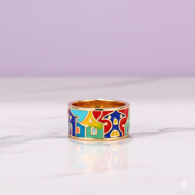 "ARIA" Anneau multicolore à motif de village