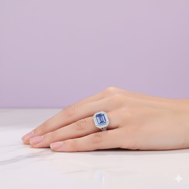 "AURORA" Bague forme emeraude bleu et strass argenté