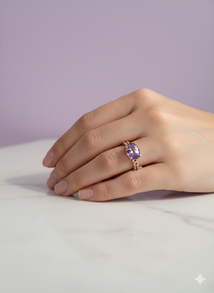 BAGARCTIS Bague améthyste anneau chaine vermeil or rose