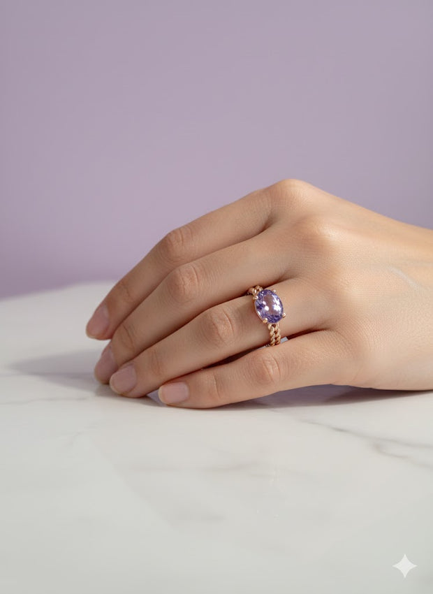 BAGARCTIS Bague améthyste anneau chaine vermeil or rose