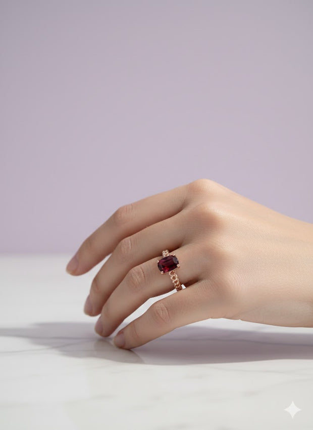 BAGARTE Bague grenat  anneau chaine vermeil or rose