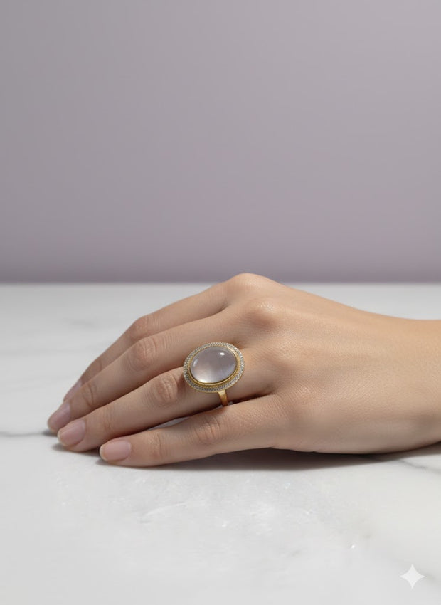 BAGROSE Bague quartz rose ovale sertie de zircon vermeil or 18k