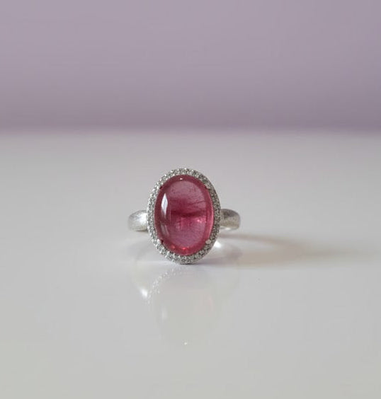 BAMISAU Bague mica rose saumon sertie de zircon en argent 925