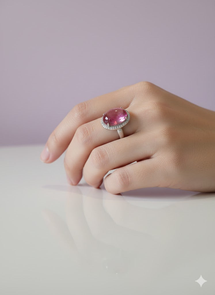 BAMISAU Bague mica rose saumon sertie de zircon en argent 925