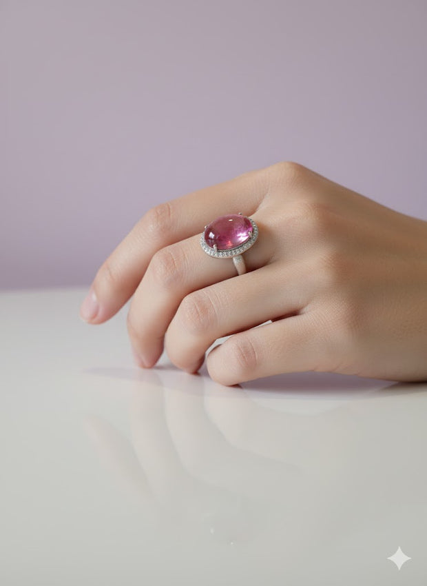 BAMISAU Bague mica rose saumon sertie de zircon en argent 925