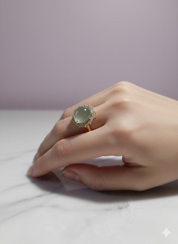 BARONITE Bague ronde prénhite sertie de fleur de zircon vermeil or 18k