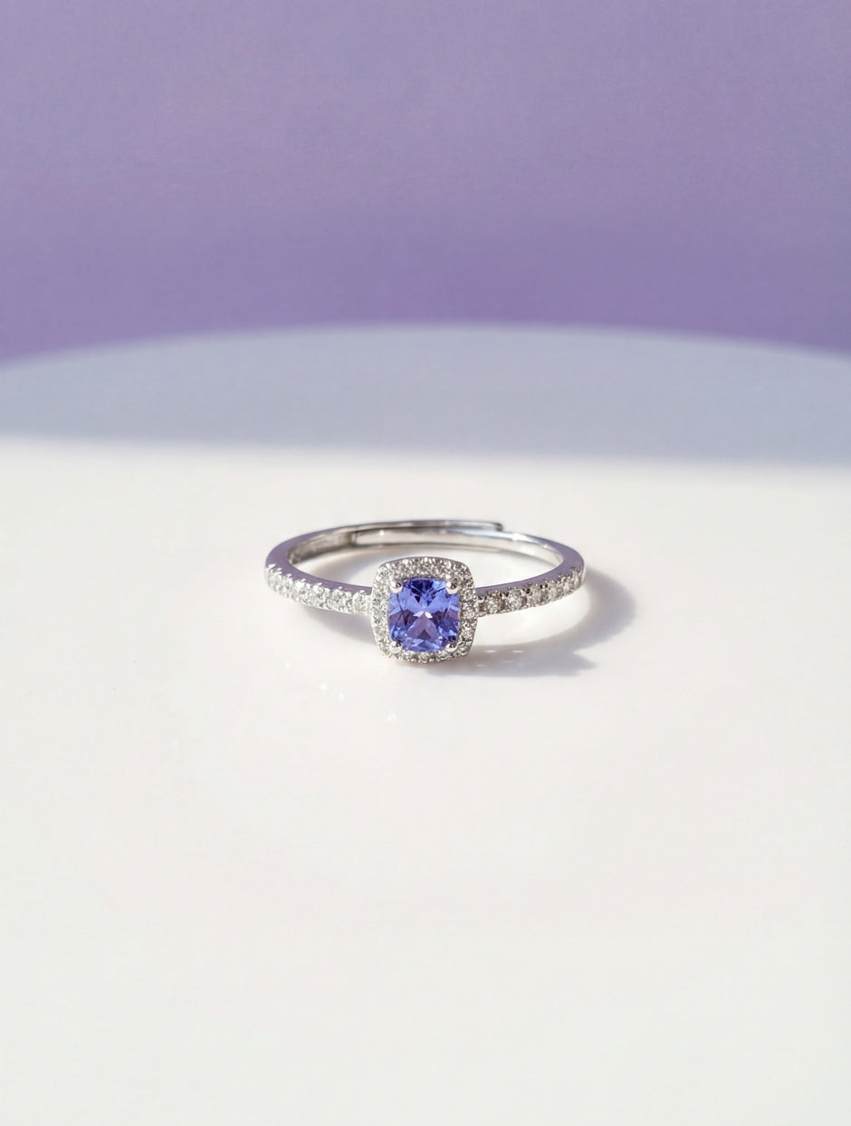 BATAITE Bague tanzanite sertie de zircon en argent 925 ajustable