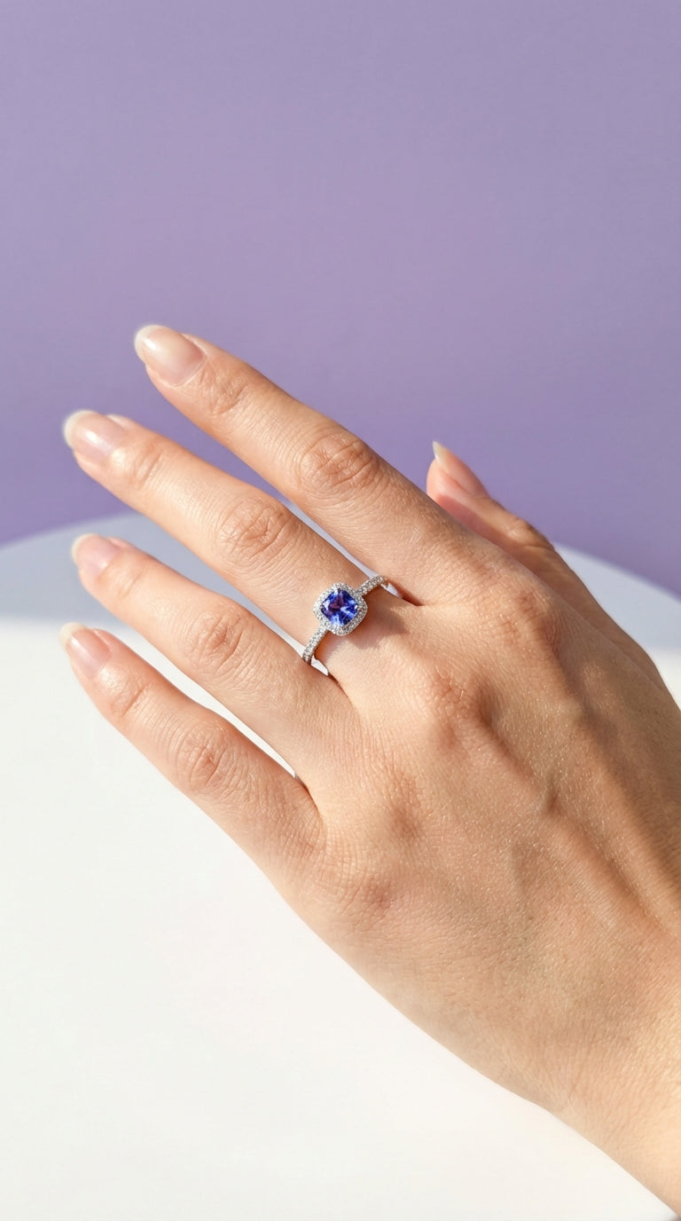 BATAITE Bague tanzanite sertie de zircon en argent 925 ajustable