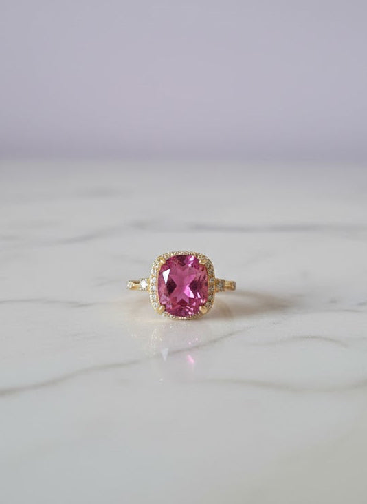 BATORO Bague topaze rose sertie de zircon vermeil or 18k