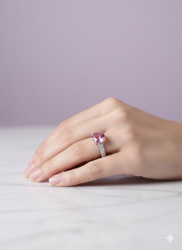 BATOROGA  Bague topaze rose sertie de zircon argent 925