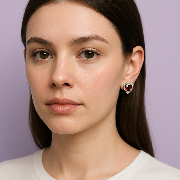 BOCONA Boucle d'oreille forme cœur strass grenat argent