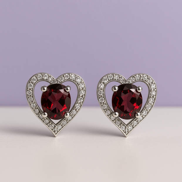 BOCONA Boucle d'oreille forme cœur strass grenat argent