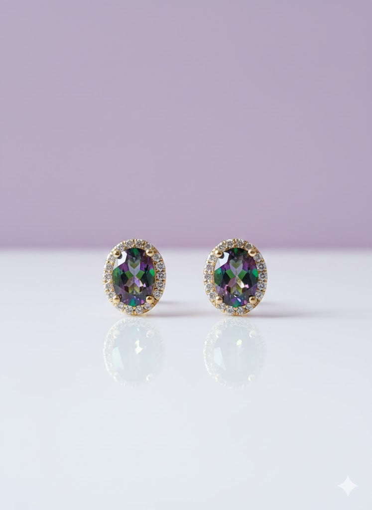 BOMYO Boucle d'oreille quartz mystique sertie de zircon  vermeil or 18k