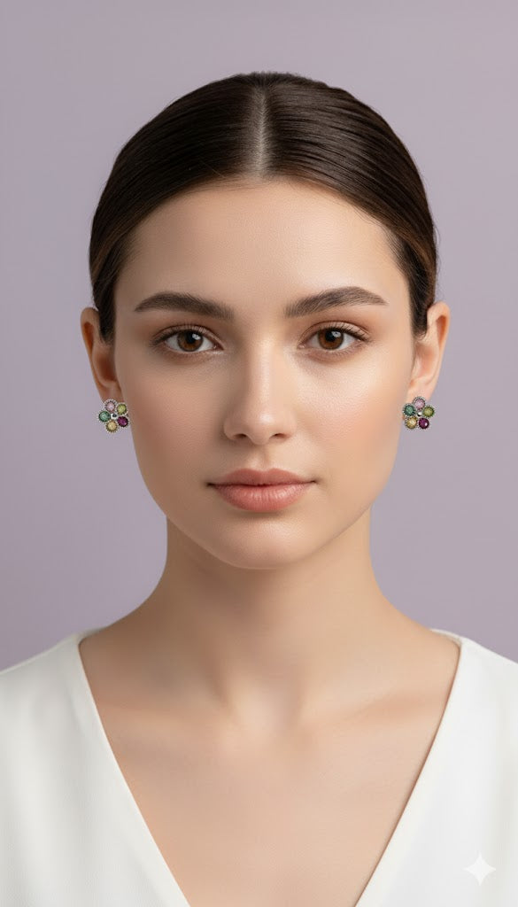 BOTOUR Boucle d'oreille forme trèfle tourmaline multicolore argent