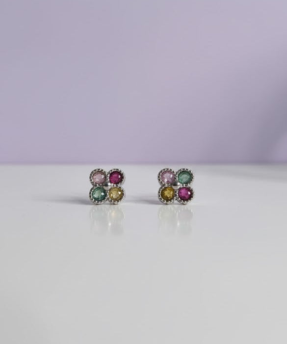 BOTOUR Boucle d'oreille forme trèfle tourmaline multicolore argent