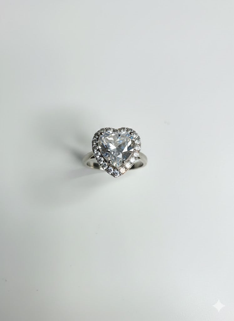 Bague ajustable coeur de cristal de roche en argent 925  sertie de zircons