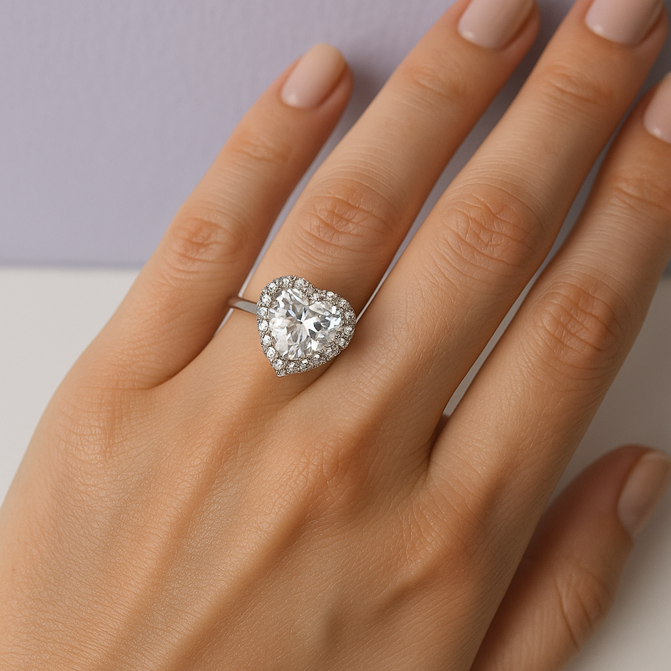 Bague ajustable coeur de cristal de roche en argent 925  sertie de zircons
