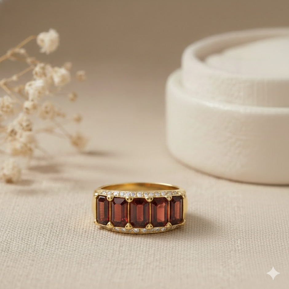 CARMIN bague ajustable alliance en grenat rouge et vermeil rose  sertie de zircons