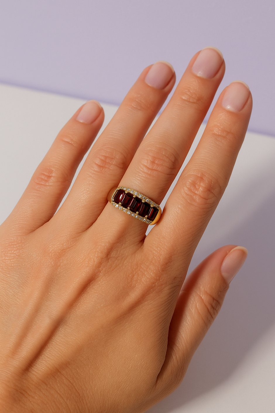CARMIN bague ajustable alliance en grenat rouge et vermeil rose  sertie de zircons