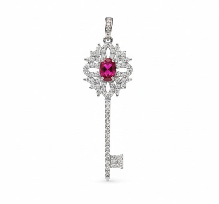 "CLENA" Pendentif avec strass forme clef grenat en argent