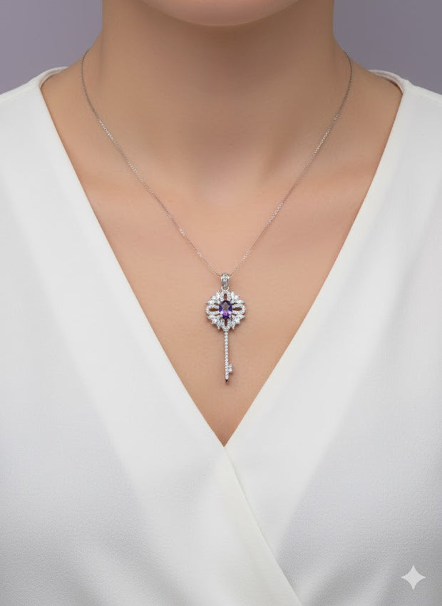 "CLETI" Pendentif avec strass forme clef améthyste en argent