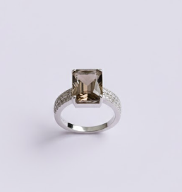 "SMOKIA" Bague quatz fumé sertie de pierre zircon en argent