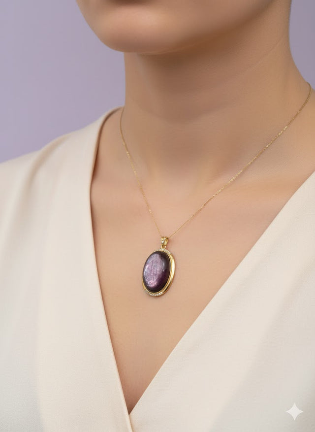 "EPIDORA" Pendentif Lépidolite ovale sertie de zircon vermeil