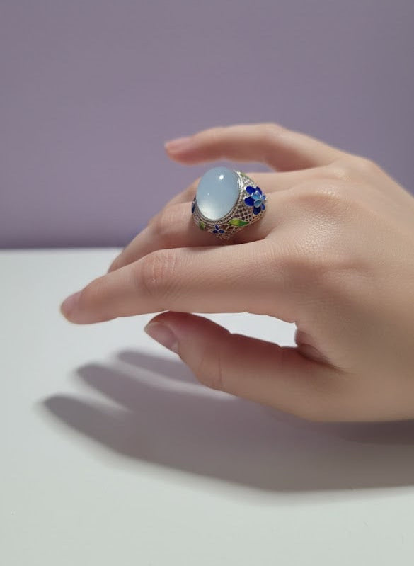 JARAMARINE Bague aigue marine  fleurie bleu argent 925 ajustable