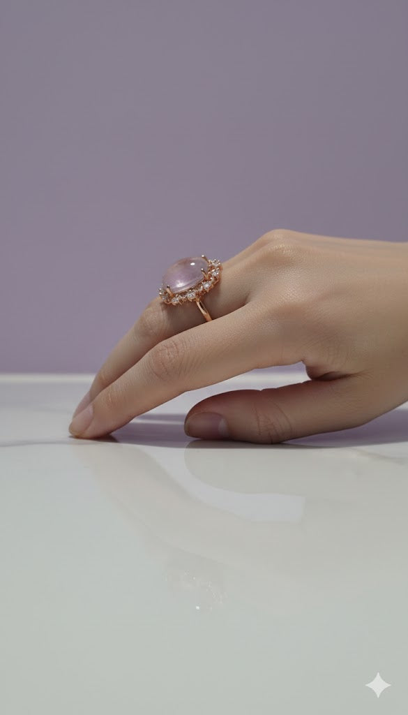 JARDIFLURO Bague fleur fluorite rose sertie de zircon vermeil or rose