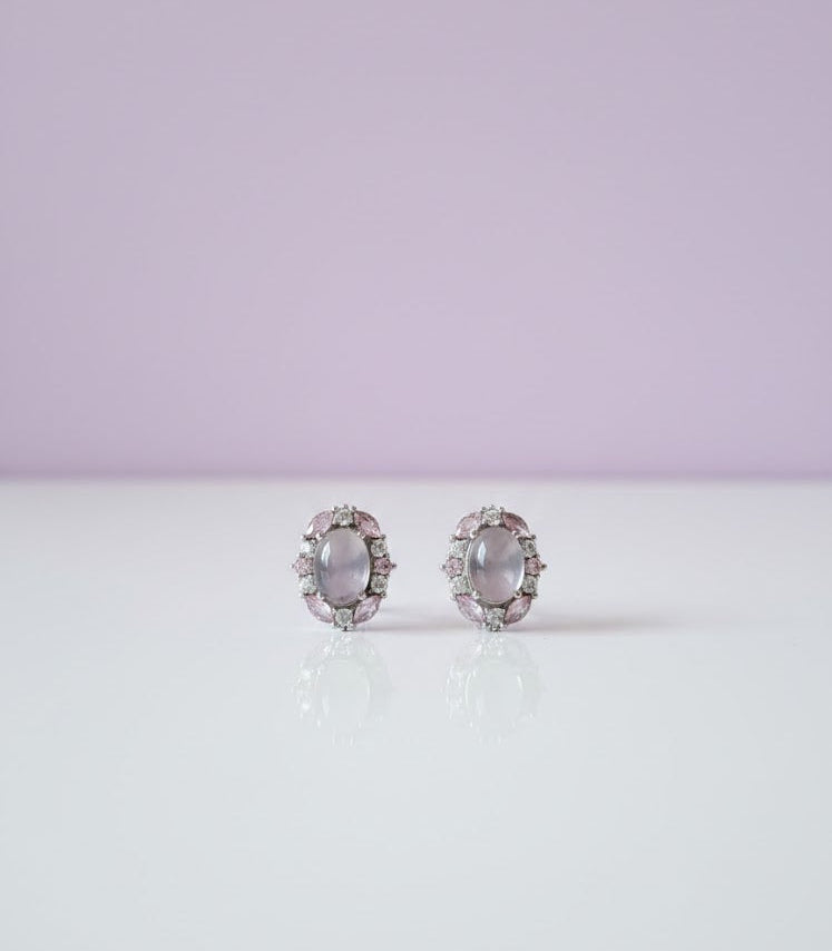 JARDROSAK Boucle d'oreille fleur quartz rose sertie de ziron blanc et rose argent 925