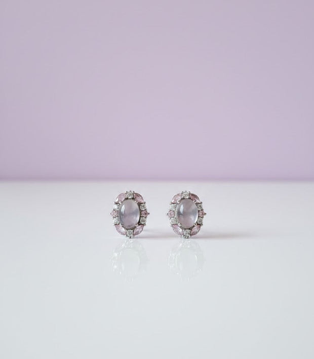 JARDROSAK Boucle d'oreille fleur quartz rose sertie de ziron blanc et rose argent 925