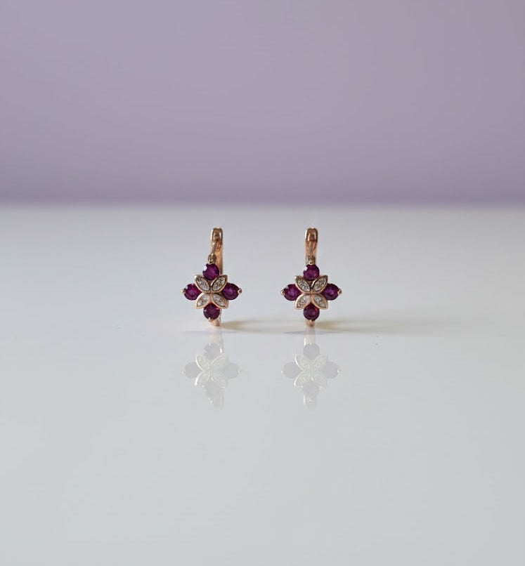 JARGRERO Boucle doreille fleur grenat et zircon  en vermeil or rose