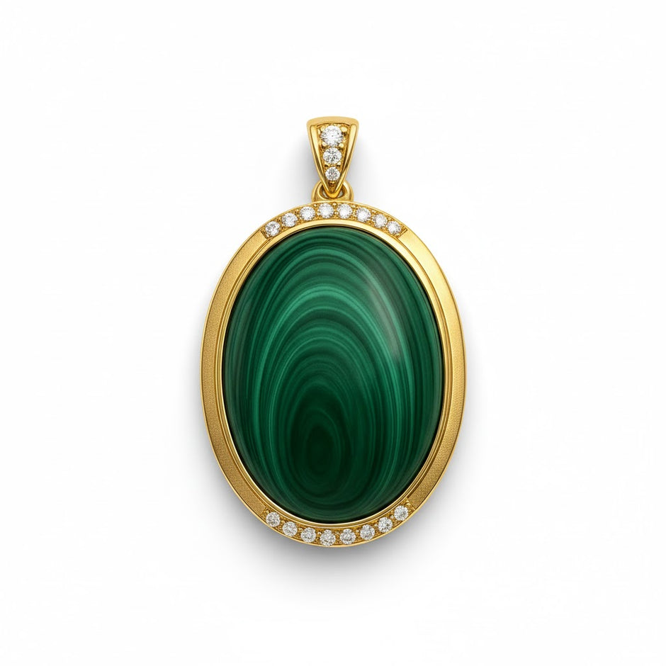 "MALACHIA" Pendentif malachite ovale sertie de zircon en vermeil
