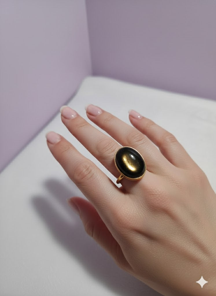 OBSIDO Bague obsidienne doré vermeil or 18k ajustable