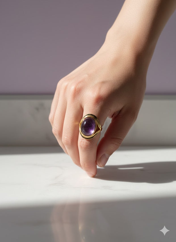 OVAMILET Bague ovale mica violet vermeil or 18k ajustable