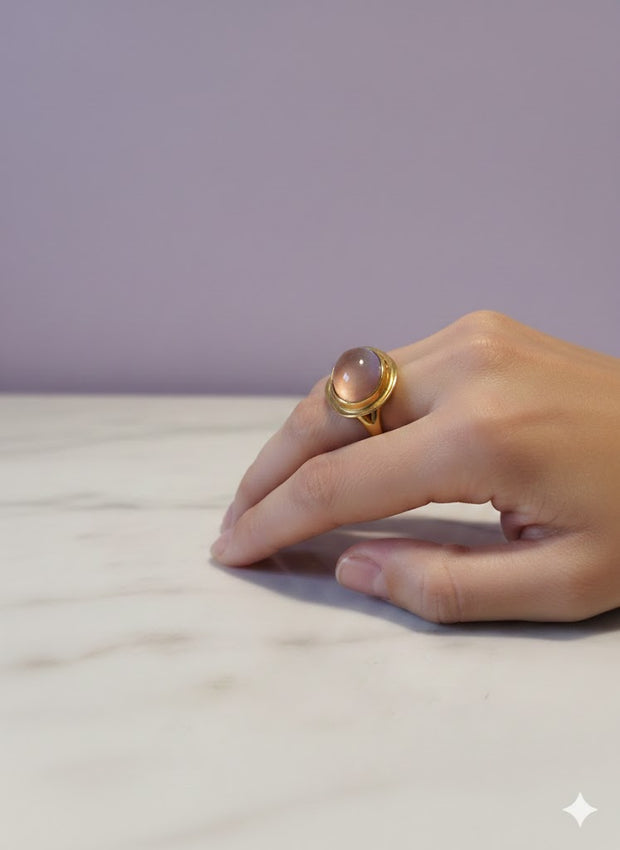 OVAMIRO Bague ovale mica rose avec reflet saumon  vermeil or 18k ajustable