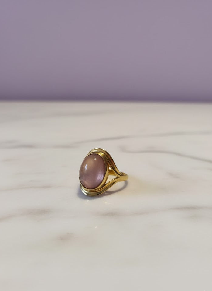 OVAMIRO Bague ovale mica rose avec reflet saumon  vermeil or 18k ajustable