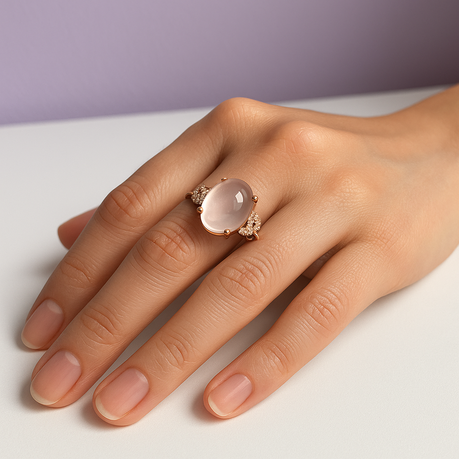 POUDRE Bague ajustable de quartz rose en vermeil rose sertie de zircons