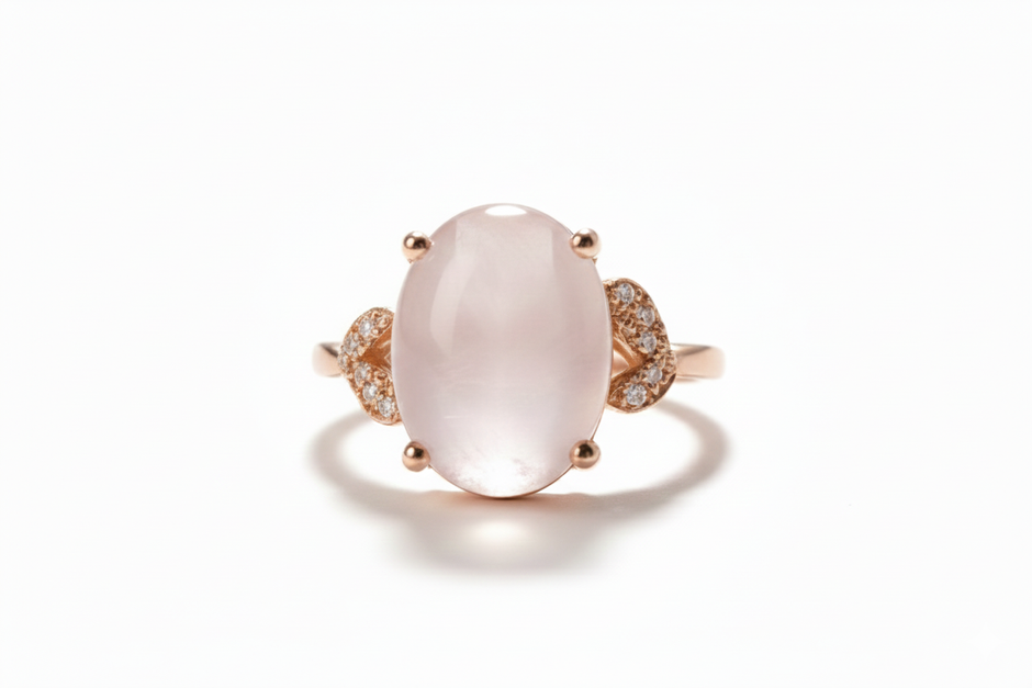 POUDRE Bague ajustable de quartz rose en vermeil rose sertie de zircons