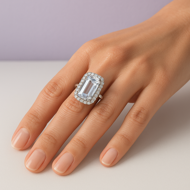 ROCHE Bague ajustable en argent 925 en cristal de roche sertie de zircons