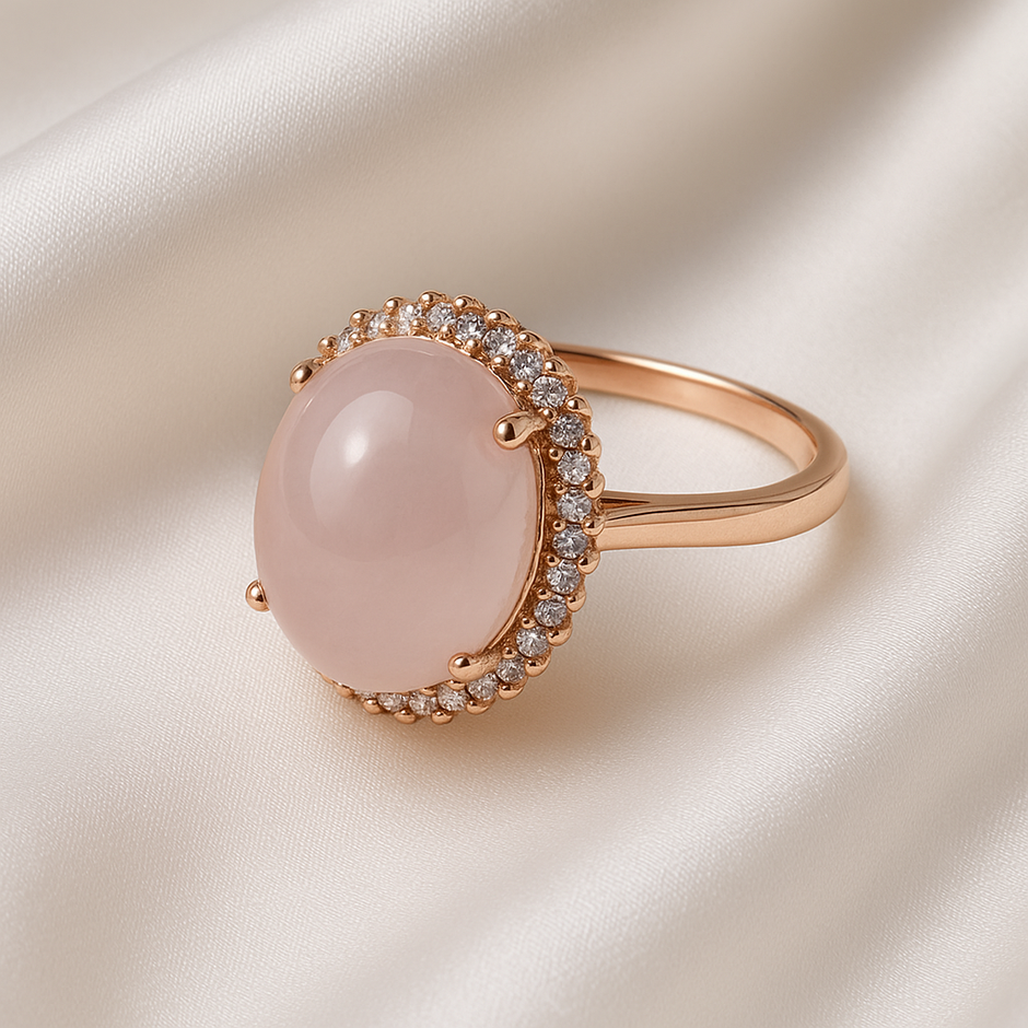" ROSALYA" Bague avec quatz rose sertie de pierre zircon en vermeil rose